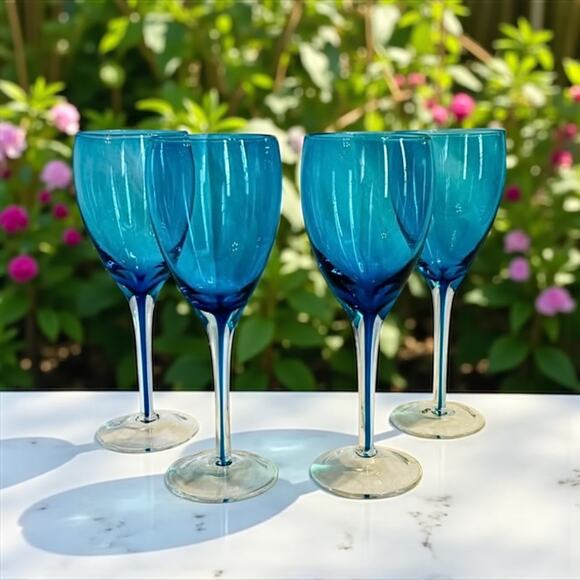 Set of 5 Blue Wine Glasses-Hand Blown Stemware-Coastal Beach Goblets-Vintage - Picture 8 of 8
